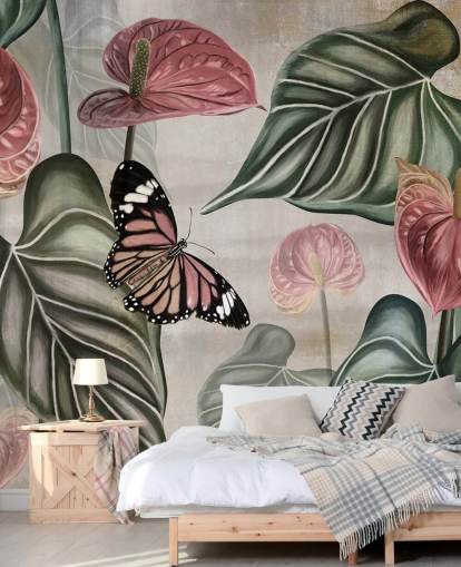 djungelfjäril tapetväggmålning som heter Tropical Jungle Close Up på Wallsauce för sovrum och vardagsrum