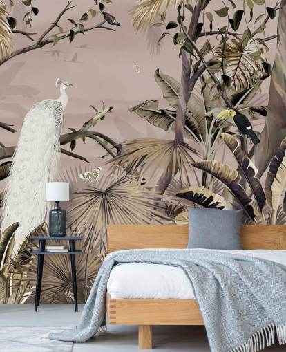 mural de papel pintado de pavo real blanco llamado Tropical White Peacock at Wallsauce para dormitorios, baños y oficinas en casa