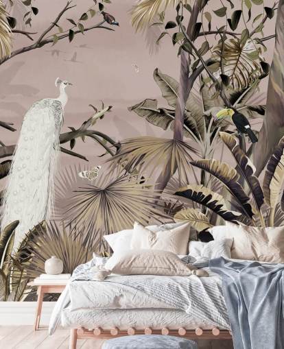 white peacock wallpaper mural called Tropical White Peacock at Wallsauce for bedrooms, bathrooms and home offices