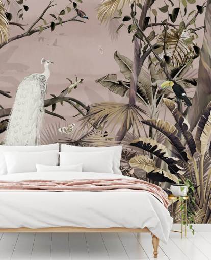 vit påfågel tapetväggmålning kallad Tropical White Peacock på Wallsauce för sovrum, badrum och hemmakontor