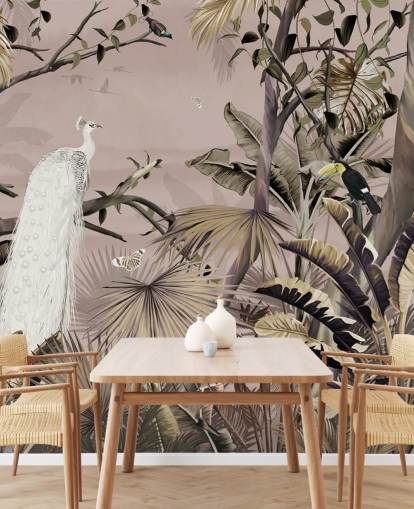 vit påfågel tapetväggmålning kallad Tropical White Peacock på Wallsauce för sovrum, badrum och hemmakontor