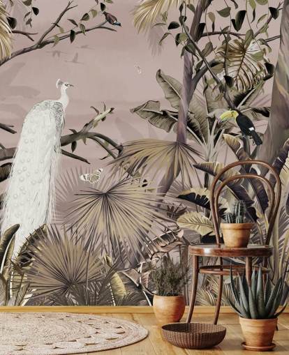 vit påfågel tapetväggmålning kallad Tropical White Peacock på Wallsauce för sovrum, badrum och hemmakontor