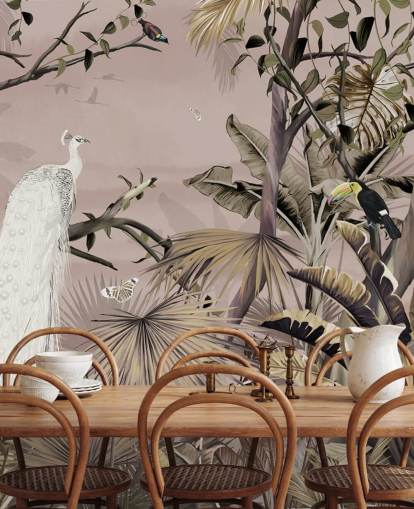 mural de papel pintado de pavo real blanco llamado Tropical White Peacock at Wallsauce para dormitorios, baños y oficinas en casa