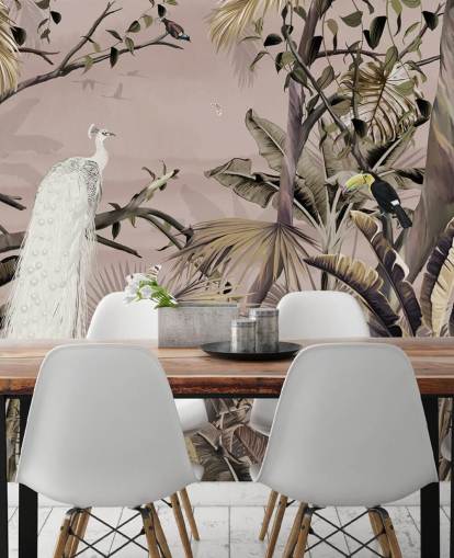white peacock wallpaper mural called Tropical White Peacock at Wallsauce for bedrooms, bathrooms and home offices