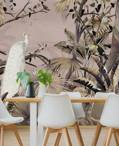 white peacock wallpaper mural called Tropical White Peacock at Wallsauce for bedrooms, bathrooms and home offices