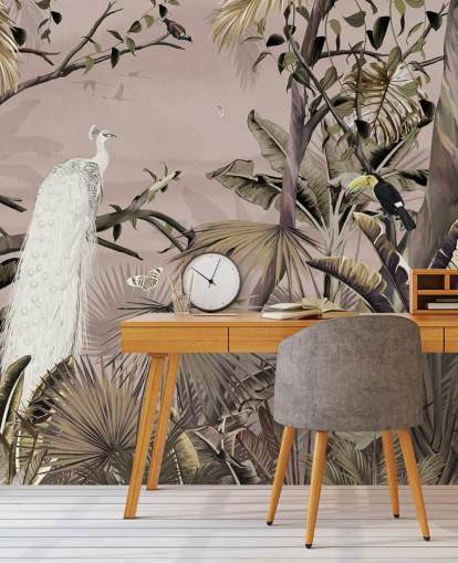 Weißes Pfauentapeten-Wandbild namens Tropical White Peacock at Wallsauce für Schlafzimmer, Badezimmer und Heimbüros Weißes Pfauentapeten-Wandbild namens Tropical White Peacock at Wallsauce für Schlafzimmer, Badezimmer und Heimbüros