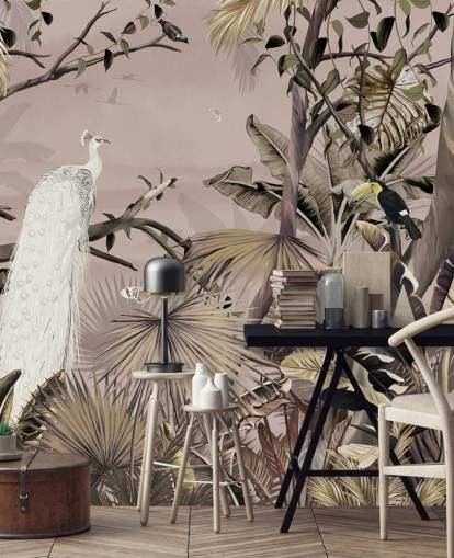 white peacock wallpaper mural called Tropical White Peacock at Wallsauce for bedrooms, bathrooms and home offices