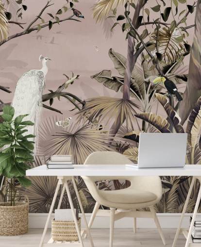 white peacock wallpaper mural called Tropical White Peacock at Wallsauce for bedrooms, bathrooms and home offices