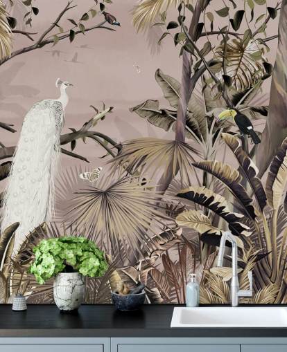 Weißes Pfauentapeten-Wandbild namens Tropical White Peacock at Wallsauce für Schlafzimmer, Badezimmer und Heimbüros