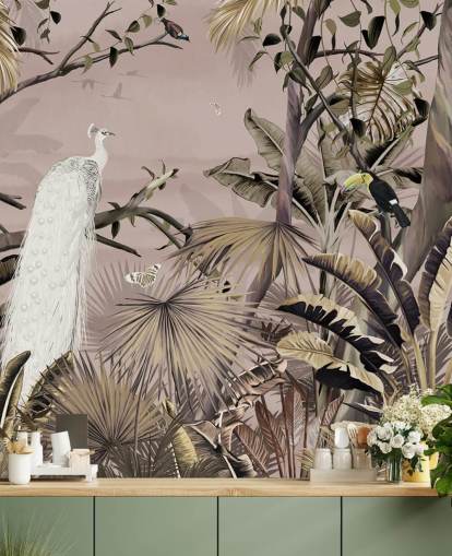 vit påfågel tapetväggmålning kallad Tropical White Peacock på Wallsauce för sovrum, badrum och hemmakontor