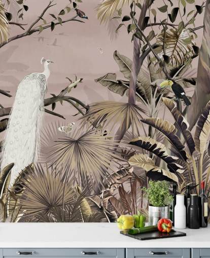 Weißes Pfauentapeten-Wandbild namens Tropical White Peacock at Wallsauce für Schlafzimmer, Badezimmer und Heimbüros Weißes Pfauentapeten-Wandbild namens Tropical White Peacock at Wallsauce für Schlafzimmer, Badezimmer und Heimbüros