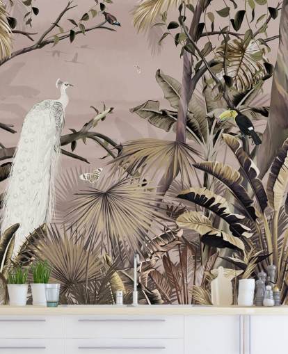 Weißes Pfauentapeten-Wandbild namens Tropical White Peacock at Wallsauce für Schlafzimmer, Badezimmer und Heimbüros