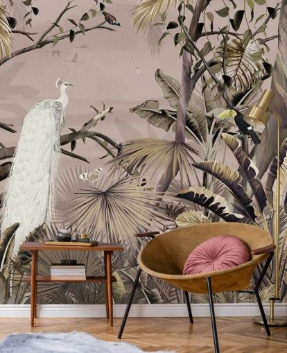 carta da parati murale con pavone bianco chiamato Tropical White Peacock at Wallsauce per camere da letto, bagni e uffici domestici