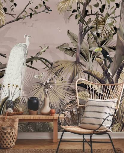 white peacock wallpaper mural called Tropical White Peacock at Wallsauce for bedrooms, bathrooms and home offices