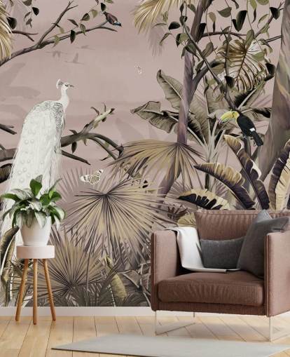 vit påfågel tapetväggmålning kallad Tropical White Peacock på Wallsauce för sovrum, badrum och hemmakontor