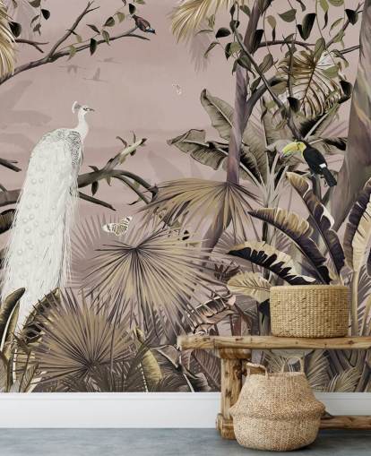 papier peint mural en forme de paon blanc appelé Tropical White Peacock chez Wallsauce pour les chambres, les salles de bain et les bureaux à domicile