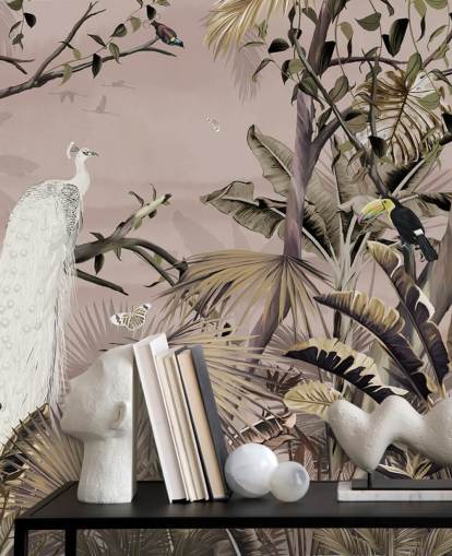 mural de papel pintado de pavo real blanco llamado Tropical White Peacock at Wallsauce para dormitorios, baños y oficinas en casa