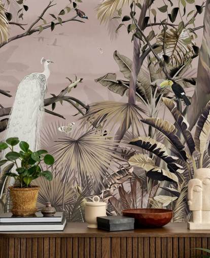 vit påfågel tapetväggmålning kallad Tropical White Peacock på Wallsauce för sovrum, badrum och hemmakontor vit påfågel tapetväggmålning kallad Tropical White Peacock på Wallsauce för sovrum, badrum och hemmakontor