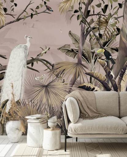Weißes Pfauentapeten-Wandbild namens Tropical White Peacock at Wallsauce für Schlafzimmer, Badezimmer und Heimbüros Weißes Pfauentapeten-Wandbild namens Tropical White Peacock at Wallsauce für Schlafzimmer, Badezimmer und Heimbüros