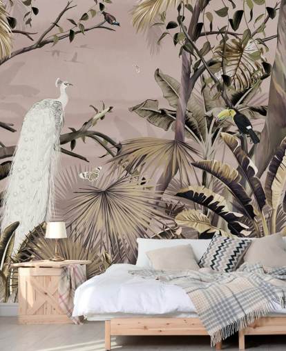 valkoinen riikinkukko-taustakuvamaalaus nimeltä Tropical White Peacock Wallsaucessa makuuhuoneisiin, kylpyhuoneisiin ja kotitoimistoihin valkoinen riikinkukko-taustakuvamaalaus nimeltä Tropical White Peacock Wallsaucessa makuuhuoneisiin, kylpyhuoneisiin ja kotitoimistoihin