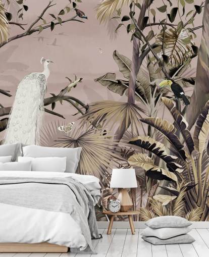 witte pauw behangmuurschildering genaamd Tropical White Peacock at Wallsauce voor slaapkamers, badkamers en thuiskantoren