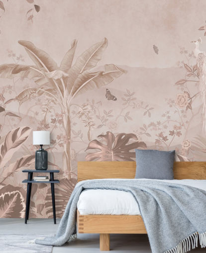 vit påfågel tapet väggmålning kallad Vintage Tropical White Peacock för sovrum, vardagsrum och badrum