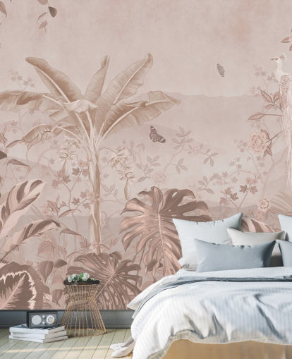 papier peint mural en forme de paon blanc appelé Vintage Tropical White Peacock pour les chambres, les salons et les salles de bain