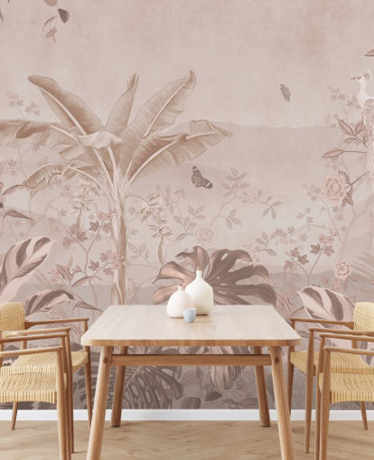 mural de papel pintado de pavo real blanco llamado Vintage Tropical White Peacock para dormitorios, salas de estar y baños