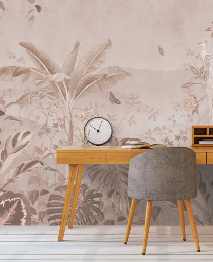 mural de papel de parede de pavão branco chamado Vintage Tropical White Peacock para quartos, salas de estar e banheiros