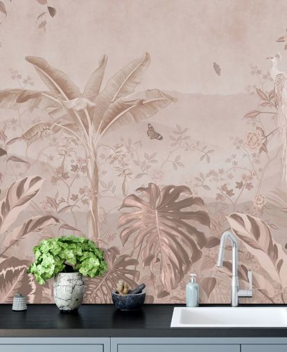 mural de papel de parede de pavão branco chamado Vintage Tropical White Peacock para quartos, salas de estar e banheiros