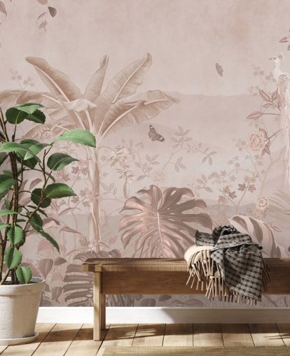 mural de papel de parede de pavão branco chamado Vintage Tropical White Peacock para quartos, salas de estar e banheiros