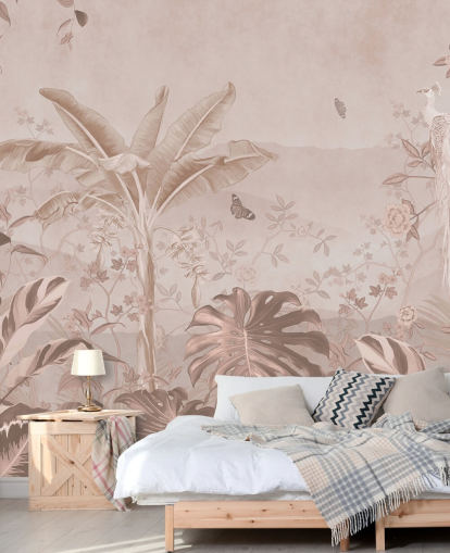 mural de papel de parede de pavão branco chamado Vintage Tropical White Peacock para quartos, salas de estar e banheiros