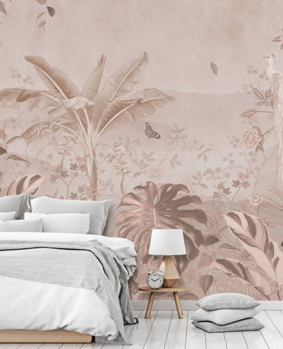 papier peint mural en forme de paon blanc appelé Vintage Tropical White Peacock pour les chambres, les salons et les salles de bain