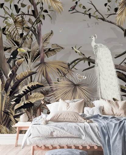 weißes Pfauentapeten-Wandbild namens Jungle White Peacock at Wallsauce für Schlafzimmer und Flure