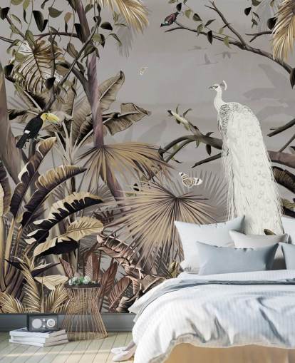 vit påfågel tapetväggmålning som heter Jungle White Peacock på Wallsauce för sovrum och korridorer