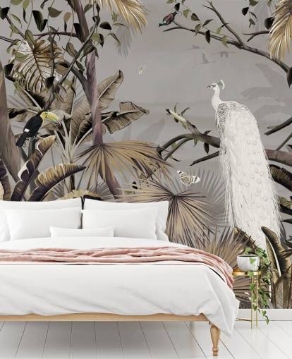 hvid påfugl tapetmaleri kaldet Jungle White Peacock på Wallsauce til soveværelser og gange hvid påfugl tapetmaleri kaldet Jungle White Peacock på Wallsauce til soveværelser og gange