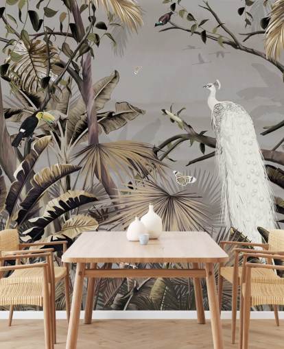 hvid påfugl tapetmaleri kaldet Jungle White Peacock på Wallsauce til soveværelser og gange