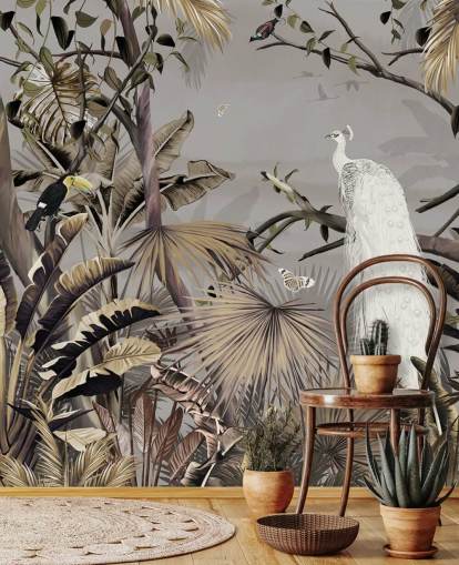 mural de papel pintado de pavo real blanco llamado Jungle White Peacock at Wallsauce para dormitorios y pasillos