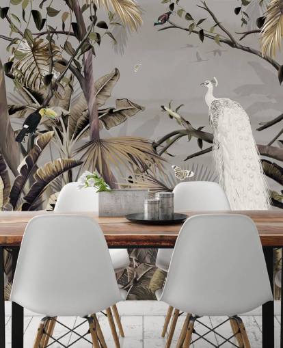 witte pauw behangmuurschildering genaamd Jungle White Peacock at Wallsauce voor slaapkamers en gangen witte pauw behangmuurschildering genaamd Jungle White Peacock at Wallsauce voor slaapkamers en gangen