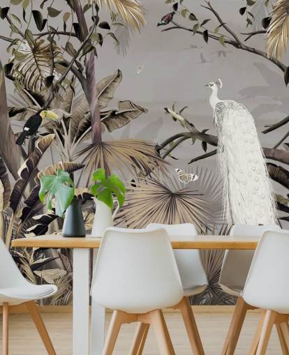 mural de papel pintado de pavo real blanco llamado Jungle White Peacock at Wallsauce para dormitorios y pasillos