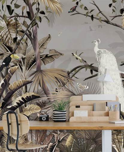 vit påfågel tapetväggmålning som heter Jungle White Peacock på Wallsauce för sovrum och korridorer vit påfågel tapetväggmålning som heter Jungle White Peacock på Wallsauce för sovrum och korridorer
