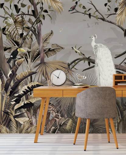 papier peint mural en forme de paon blanc appelé Jungle White Peacock chez Wallsauce pour les chambres et les couloirs