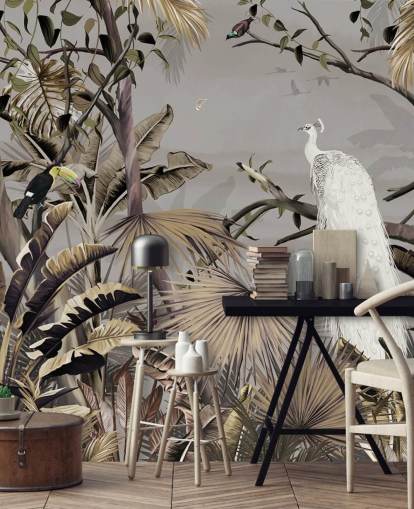 white peacock wallpaper mural called Jungle White Peacock at Wallsauce for bedrooms and hallways
