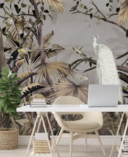 white peacock wallpaper mural called Jungle White Peacock at Wallsauce for bedrooms and hallways