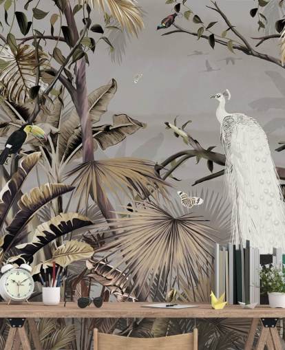 white peacock wallpaper mural called Jungle White Peacock at Wallsauce for bedrooms and hallways