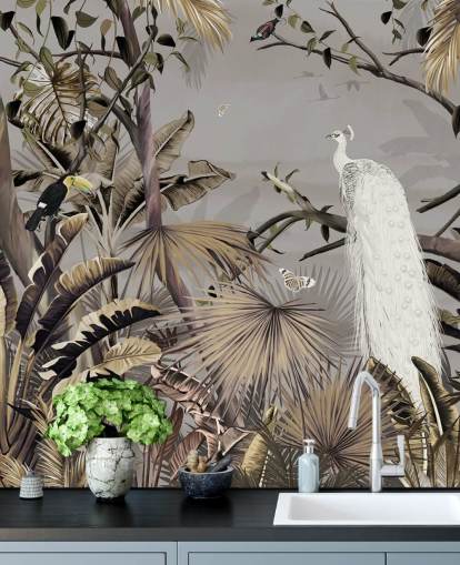 valkoinen riikinkukko-taustakuvamaalaus nimeltä Jungle White Peacock Wallsaucessa makuuhuoneisiin ja käytäviin