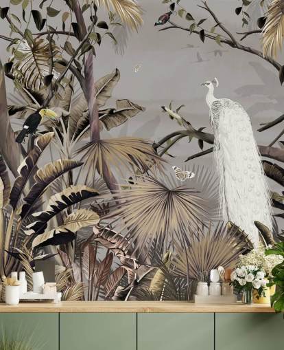 white peacock wallpaper mural called Jungle White Peacock at Wallsauce for bedrooms and hallways