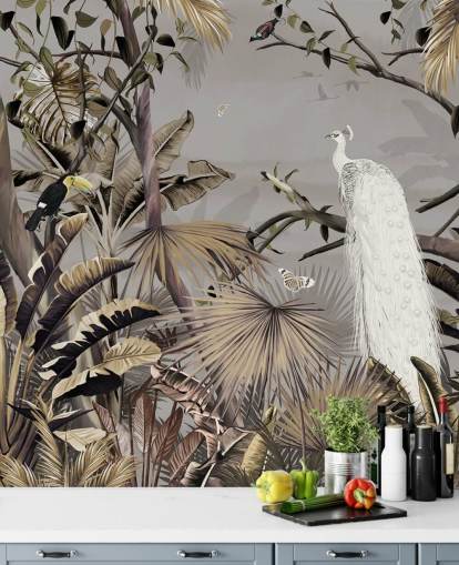 hvit påfugl tapetmaleri kalt Jungle White Peacock på Wallsauce for soverom og ganger hvit påfugl tapetmaleri kalt Jungle White Peacock på Wallsauce for soverom og ganger