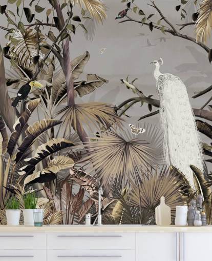weißes Pfauentapeten-Wandbild namens Jungle White Peacock at Wallsauce für Schlafzimmer und Flure weißes Pfauentapeten-Wandbild namens Jungle White Peacock at Wallsauce für Schlafzimmer und Flure