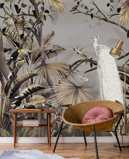 witte pauw behangmuurschildering genaamd Jungle White Peacock at Wallsauce voor slaapkamers en gangen witte pauw behangmuurschildering genaamd Jungle White Peacock at Wallsauce voor slaapkamers en gangen